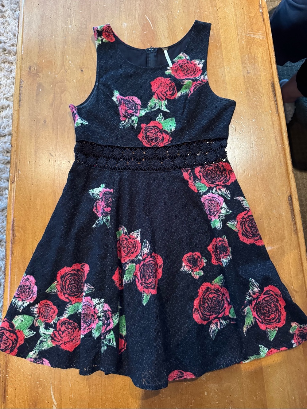 Free People Black Floral Lace Fit & Flare Dress with Red Roses